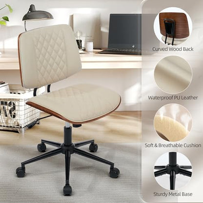 Home Office Desk Chair with Swivel Wheels, Ergonomic Adjustable Height Small Office Chair, Premium PU Leather Armless Computer Chair for Home Office, Reading Meeting Room, Modern Walnut Style (Beige) - color: Mcm Style-beige