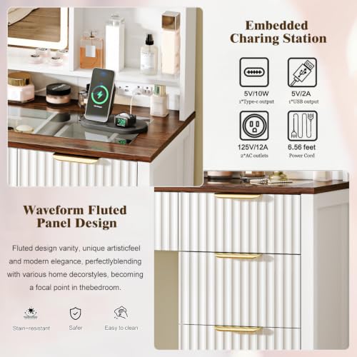 Arulvmrn 43" Large Vanity Desk with 30" HD Lighted Mirror,Modern Vanity Desk with Mirror and Lights, Makeup Vanity with 5 Drawers and Storage Shelves and Charging Station, White2300 - color: White