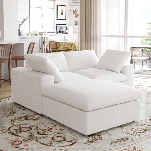 79" Cloud Modular Sofa, Convertible Modular Loveseat Couch with Storage Ottoman, Cotton Linen Fabric Sofa for Living Room, Apartment and Bedroom, Removable Covers, 2 Pillows, White - color: White, size: LoveSeat+1 Ottoman