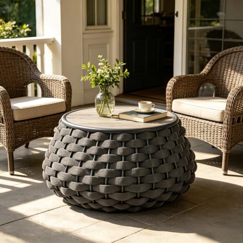 YDcosyfy Large Round Outdoor Side Table, 28 Inches Patio End Table with Removable Wood Top, Outside Coffee Table, All-Weather Metal Frame, Hollow Out Bottom Storage, for Balcony, Porch, Garden, Gray