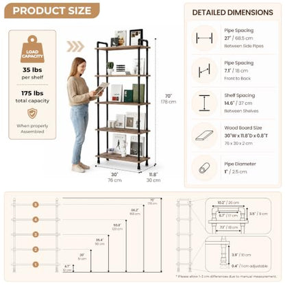 Industrial Bookshelf, Pipe Shelf Bookcase, 5 Tier, 30" Weathered Brown | Solid pine shelves, 30 inch wide, black pipe frame, 35 lbs per shelf, open bookcase for books, plants, office - color: Weathered Brown, size: 30"L × 70"H