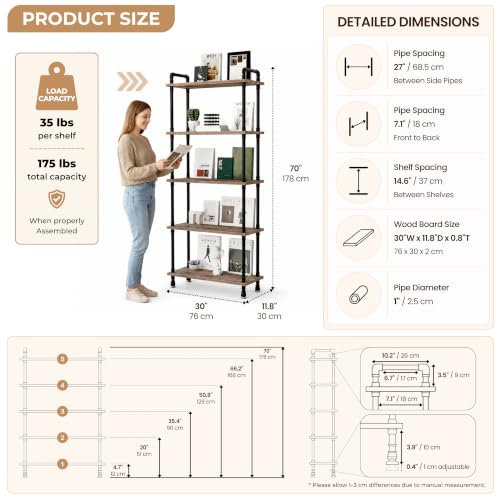 Industrial Bookshelf, Pipe Shelf Bookcase, 5 Tier, 30" Weathered Brown | Solid pine shelves, 30 inch wide, black pipe frame, 35 lbs per shelf, open bookcase for books, plants, office - color: Weathered Brown, size: 30"L × 70"H