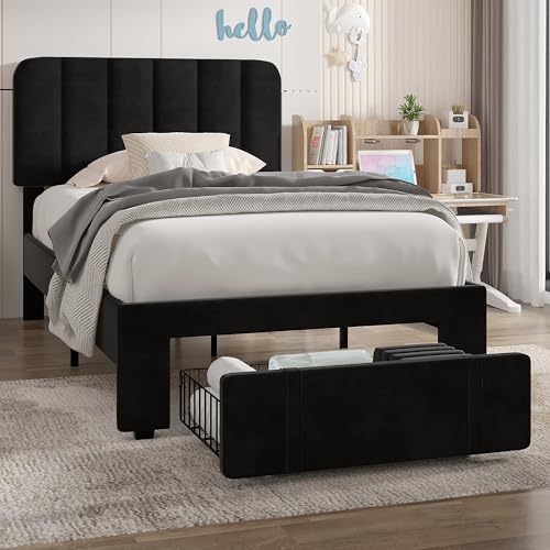 VECELO Twin Size Upholstered Bed Frame with Drawer and Headboard, Velvet Platform Storage Bedframe, Wooden Slats Support, No Box Spring Needed,Black - color: Black, size: Twin, style: Bed Frame with Drawer