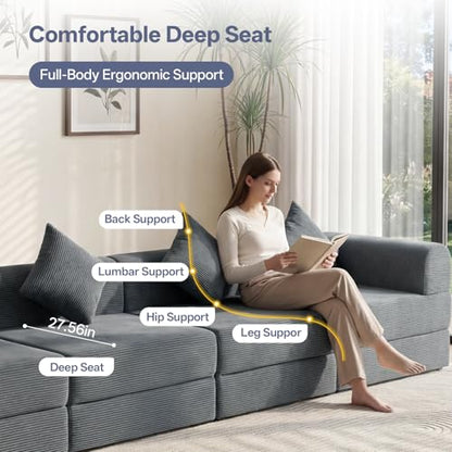 112" L Shaped Modular Sectional Sofa with Ottoman, Cloud Boneless Couch Deep Seat with 4 Pillows, Oversized Folding Sofa Bed Couches for Living Room Bedroom,No Assembly-Grey - color: Grey, size: 4 Seat