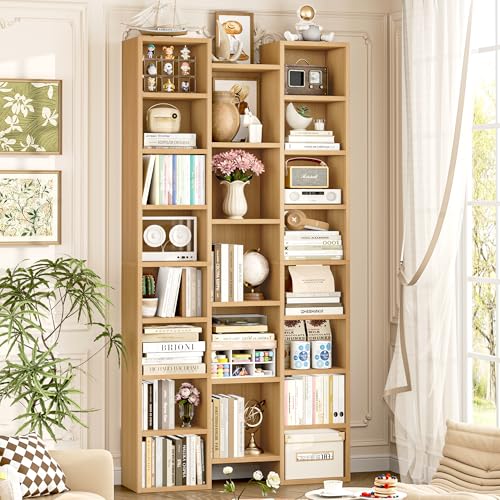 FOTOSOK 71'' H Bookshelf with 21 Cubes, Triple Wide Tall Bookshelf Natural | 8 Tier Bookcase with 8 Adjustable Shelves, Large Bookshelf DVD/CD Media Tower Storage, Freestanding Display Shelf Cabinet - color: Natural