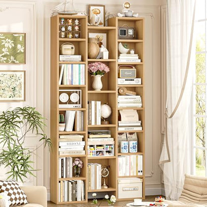 FOTOSOK 71'' H Bookshelf with 21 Cubes, Triple Wide Tall Bookshelf Natural | 8 Tier Bookcase with 8 Adjustable Shelves, Large Bookshelf DVD/CD Media Tower Storage, Freestanding Display Shelf Cabinet - color: Natural