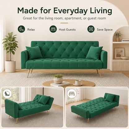 Majnesvon 71" Convertible Folding Sleeper Sofa Couch,Modern Velvet Loveseat Sleeper with 2 Pillows, Futon Sofa Bed with Mattress and Frame for Living Room,Bedroom,Small Space (Green) - color: Green