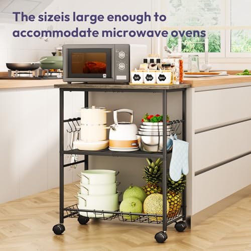 SWTYMIKI Rolling Kitchen Microwave Cart - 3 Tier Microwave Table Stand with Storage Basket and Hooks, Kitchen Utility Cart on Wheels, Coffee Cart Shelf Rack Organizer for Living Room Office, Balcony - color: Grey