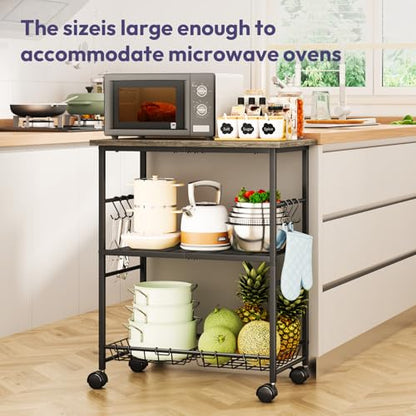 SWTYMIKI Rolling Kitchen Microwave Cart - 3 Tier Microwave Table Stand with Storage Basket and Hooks, Kitchen Utility Cart on Wheels, Coffee Cart Shelf Rack Organizer for Living Room Office, Balcony - color: Grey