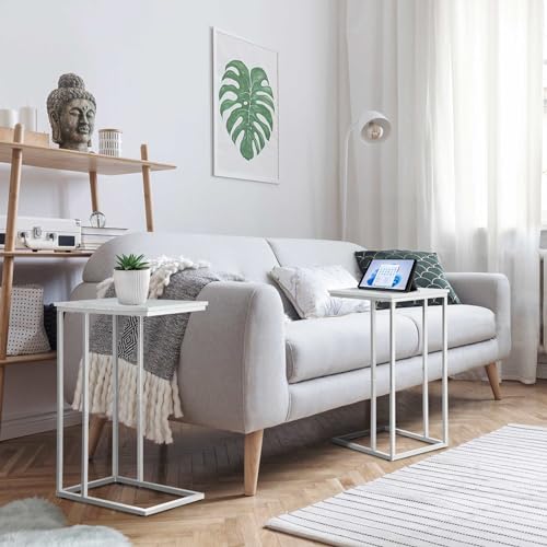 Possile C Shaped End Table Set of 2 for Sofa and Bed, Slide Under Couch Tables, Side Table With Faux Marble Top, Small Under Table Tray for Living Room, Bedroom, White - color: White