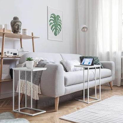 Possile C Shaped End Table Set of 2 for Sofa and Bed, Slide Under Couch Tables, Side Table With Faux Marble Top, Small Under Table Tray for Living Room, Bedroom, White - color: White