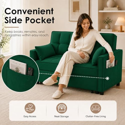 55" Pull Out Sleeper Sofa, Velvet Loveseat with Side Pockets, Green | Velvet upholstery, 5-level adjustable back, Pull-out bed design, Sturdy frame with side pockets - color: Green