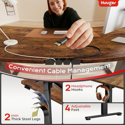 Huuger 전원 콘센트 및 USB-C 포트가 있는 전기 스탠딩 데스크, 139.9 x 61cm(55 x 24인치) 높이 조절 가능한 책상, 홈 오피스, 컴퓨터 및 게이밍 책상용 앉은 스탠드 데스크, 4개의 프리셋, 러스틱 브라운 - color: 러스틱 브라운., size: 55.1 x 23.6 inch