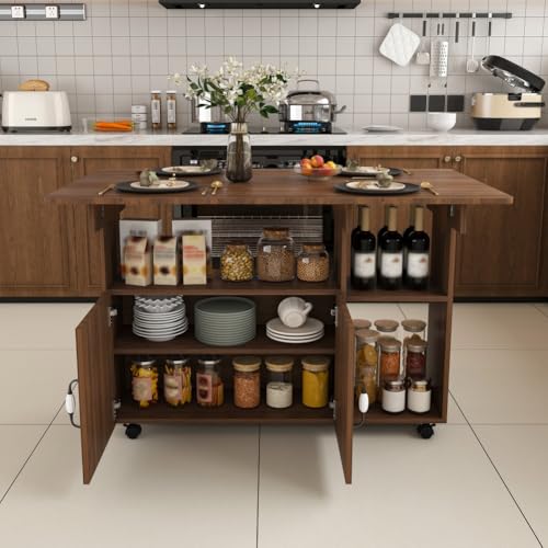 Folding Dining Table with Wheels, Drop Leaf Dinner Table with 2-Layer Storage, Space Saving Table for Small Spaces, Kitchen, Dining Room (Walnut) - color: Walnut