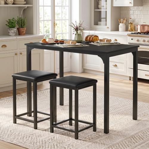 COSTWAY Dining Table Set, Counter Height Table & 2 Upholstered Stools | Black, PU Leather Seats, Metal Frame, Modern, Non-Slip Foot Pads, Space-Saving for Small Space, Kitchen Island - color: Black