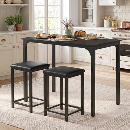 COSTWAY Dining Table Set, Counter Height Table & 2 Upholstered Stools | Black, PU Leather Seats, Metal Frame, Modern, Non-Slip Foot Pads, Space-Saving for Small Space, Kitchen Island - color: Black