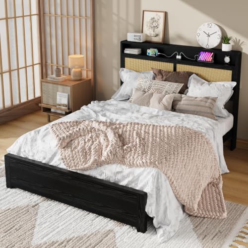 Garvee Queen Wooden Rattan Bed Frame Bohemian with Storage and LED Lights | Cane Headboard with Charging Station, Wooden Slats, Noise-free, No Box Spring. Country Farmhouse Bed Frames Black - color: Black, size: Queen