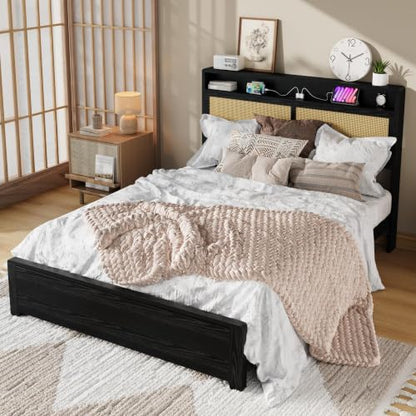 Garvee Queen Wooden Rattan Bed Frame Bohemian with Storage and LED Lights | Cane Headboard with Charging Station, Wooden Slats, Noise-free, No Box Spring. Country Farmhouse Bed Frames Black - color: Black, size: Queen
