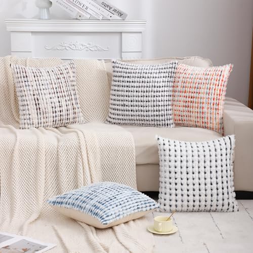 LUOYEHK Boho Throw Pillow Covers 22x22 Inch Set of 2 Chenille Tufted Pillowcase Farmhouse Neutral Cushion Covers for Couch Sofa Bed Living Room, Brown White - color: Brown White, size: 22" x 22" (Pack of 2)
