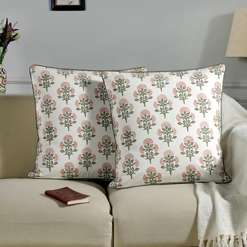 Block Print Mughal Buta Peach Pillow Cover 16" x 16" (Pack of 2) Decorative Couch Pillows for Living Room, Farmhouse Chic Boho Cute Outdoor Pillows Covers Gifts for Spring, Mother's Day - color: Mughal Buta Peach, size: 16" x 16" (Pack of 2)