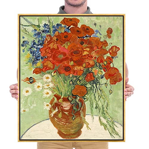 Wieco Art Framed Wall Art of Red Poppies and Daisies by Vincent Van Gogh Paintings Reproduction Abstract Canvas Prints for Home Living Room Decorations Bronze Gold Frame - size: 24"L x 20"W