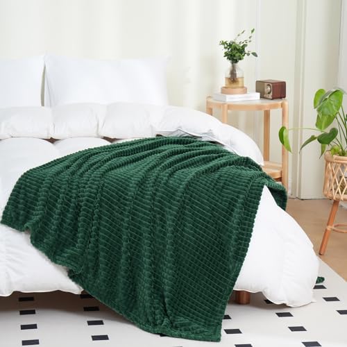 Puncuntex Fleece Throw Blanket Dark Green 50"×70" with Square Grid Design | Super Soft Plush Cozy Flannel Throw Blanket Luxury for Couch Sofa Chair - color: Dark Green, size: 50"×70"