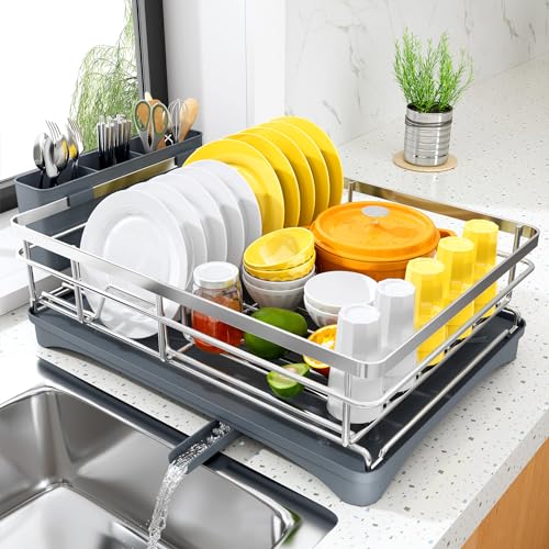 SNTD Dish Drying Rack for Kitchen Counter, 11.8" W x 16.7" L, Silver | Rustproof Stainless Steel, Large Capacity, Self-Draining Drainboard, Rotating Spout, Removable Utensil Holder - color: Silver
