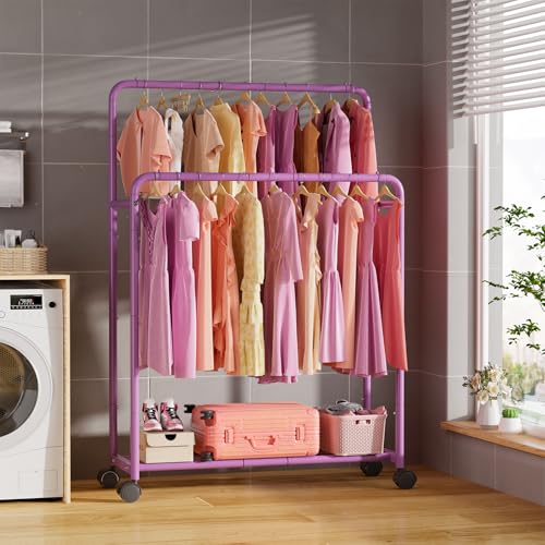 Simple Trending Clothing Clothes Rack, Double Rod Garment Rack, Purple | Portable Closet with Bottom Shelf, Anti-Slip Stoppers, 360° Lockable Wheels, Multiple Uses, Bedroom, Laundry Room - color: Purple