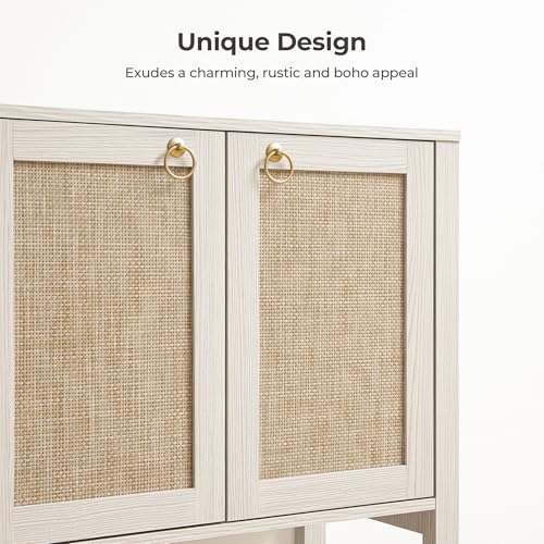 SICOTAS White Sideboard Buffet Cabinet with Rattan Doors, 55" Boho Credenza | White Boho Coffee Bar Cabinet with Open Shelf, Modern Farmhouse Credenza & Console Table for Entryway, Kitchen, Dining Room - color: White Cream Oak