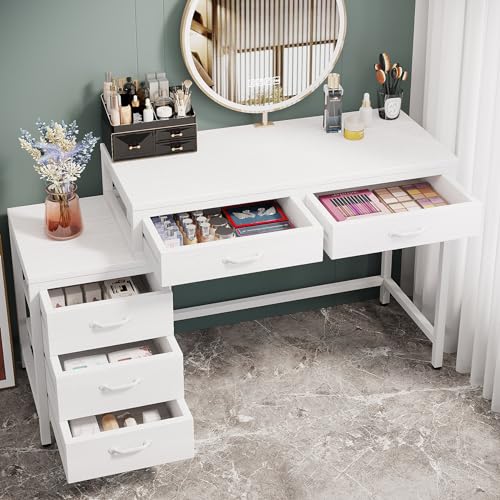 Tribesigns Vanity Desk with 5 Drawers, Makeup Vanity Table | Dressing Table with Side 3-Drawer Chest, Make Up Vanities for Women, Girls (Without Mirror), White - style: White