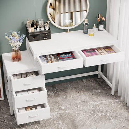 Tribesigns Vanity Desk with 5 Drawers, Makeup Vanity Table | Dressing Table with Side 3-Drawer Chest, Make Up Vanities for Women, Girls (Without Mirror), White - style: White
