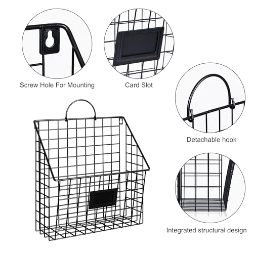 4 Packs Hanging Wall File Organizer with Hooks, Magazine Rack ,Mail Basket | Metal Wall Mounted File Holder Folder with Handles , Home Office Organization for Papers Book, No Assembly Required, Black