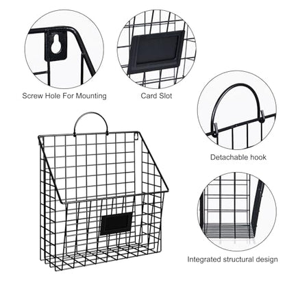 4 Packs Hanging Wall File Organizer with Hooks, Magazine Rack ,Mail Basket | Metal Wall Mounted File Holder Folder with Handles , Home Office Organization for Papers Book, No Assembly Required, Black