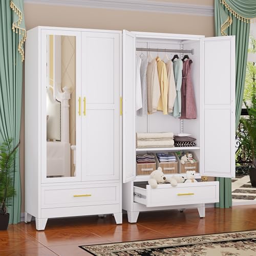 GAIOUS Steel Armoire WardrobeCloset with Mirror Door and Drawer 71" White | Household Wardrobe Cabinet with Hanging Rod, Metal Clothing Storage Cabinet with Adjustable Shelf for Bedroom, Cloak, Gym - color: 1 Drawer White- Mirror Style, size: 17.71"D x 31