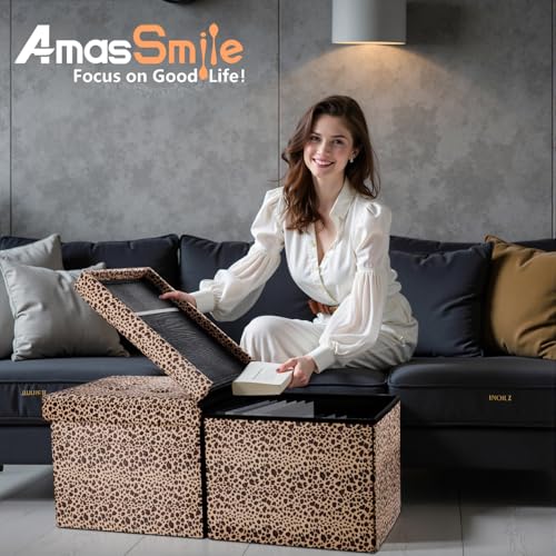AmasSmile Footrest Ottoman Storage Bench,34" Velvet Folding Chest,Leopard | Large Ottoman with Storage,Thicker Foam Padded Seat,Livingroom,Dorm,Bedroom,Entryway,Easy to install,34 x 13 x 13in - color: Leopard Print-velvet