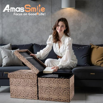 AmasSmile Footrest Ottoman Storage Bench,34" Velvet Folding Chest,Leopard | Large Ottoman with Storage,Thicker Foam Padded Seat,Livingroom,Dorm,Bedroom,Entryway,Easy to install,34 x 13 x 13in - color: Leopard Print-velvet