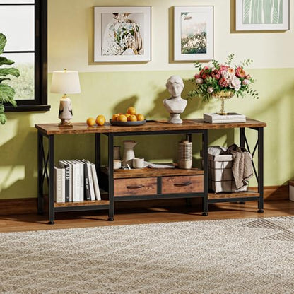 DUMOS 55" TV Stand with Fabric Drawers for 55 60 65 Inches TV | Entertainment Center and Industrial TV Console Table with Open Storage Shelves for Living Room, Bedroom, Rustic Brown - size: 55 Inch
