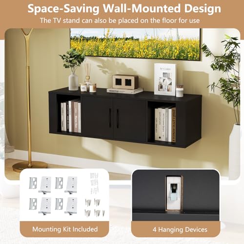 GOFLAME Floating TV Stand, Wall Mounted TV Console Table with Doors, Entertainment Media Center Under TV, Modern TV Cabinet for Living Room, Bedroom, Office, Black - color: Black