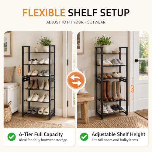 6 Tier Shoe Rack, Stackable Metal Organizer with Adjustable Feet, 2-in-1 Shoe Shelf Holds 12 Pairs, Perfect for Entryway Garage Closet, Black - size: 6 Tier