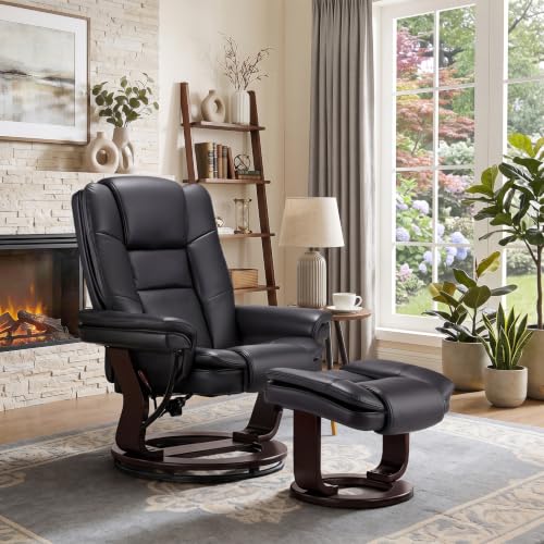 Swivel Recliner Chair with Ottoman Reclining Lounge Sofa Footrest, Set of 1 | 360°Sturdy Wood Base, Soft Faux Leather, Upholstered Ultra-Plush Foam, Modern Armchair, Living Room Bedroom Office Reading - color: Black, size: Set of 1