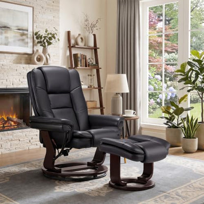 Swivel Recliner Chair with Ottoman Reclining Lounge Sofa Footrest, Set of 1 | 360°Sturdy Wood Base, Soft Faux Leather, Upholstered Ultra-Plush Foam, Modern Armchair, Living Room Bedroom Office Reading - color: Black, size: Set of 1