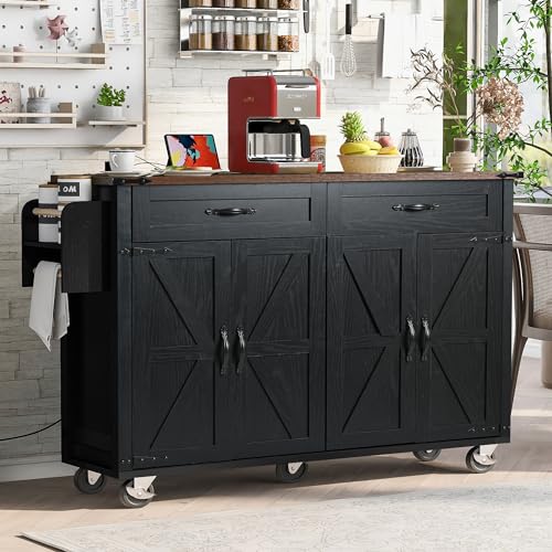 53.5" Large Kitchen Island with Storage & Power Outlet, Black | Rolling Kitchen Cart, Drop Leaf, Power Outlet, USB Ports, Adjustable Shelves, 2 Drawers, Cabinets, Lockable Wheels, Farmhouse - color: Black-53.5"