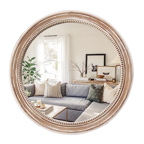 sawsile Round Wood Mirror,28 inch Circle Rustic Farmhouse Natural Wooden Frame Boho Beads Wall Mirror for Bathroom,Living Room,Bedroom or Entryway - color: Retro Brown, size: 28"L x 28"W