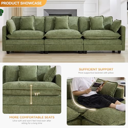 111'' Sectional Cloud Deep Seat Couch, Modern Comfy Chenille Modular Sectional Sofa for Living Room Set, Upholstered Modular 3-Seats Sofa Couch, Green - color: Green, size: 111'' 3 Seats