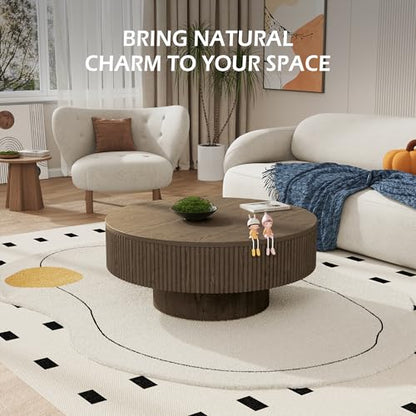 YOUDENOVA 31.5” Round Fluted Coffee Table, Modern Wood Circle Coffee Table, Veneer Handcrafted Relief Tea Table with Sturdy Pedestal for Living Room - Brown - color: 31" Brown-round