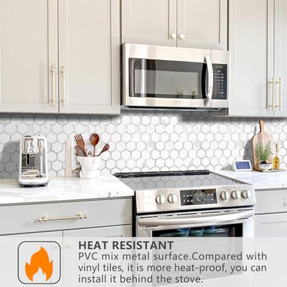 STICKGOO Hexagon Peel and Stick Backsplash Tile, Stick on Backsplash for Kitchen and Bathroom, White Marble Look PVC Mixed Metal Silver Self Adhesive Wall Tiles(10 Sheets, Seamless) - color: White Marble with Metal Silver