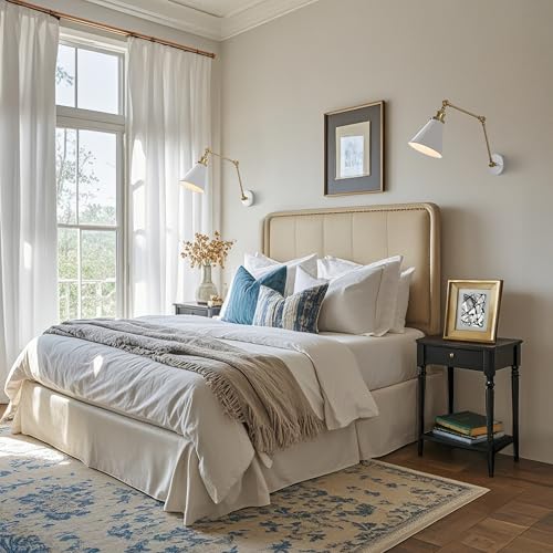 JONATHAN Y Rover 1-Light Wall Sconce 7", White/Brass Gold, Set of 2 | Adjustable Arm, Hardwired Bedside Reading Swing Arm, Farmhouse Cone Shade, Metal Hardwired Indoor Fixture, LED Bulbs Included - color: White/Brass Gold, size: Set of 2