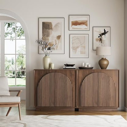 win2win 31.5" Small Buffet Cabinet with Storage, Arched Doors, Walnut, 1PCS | Modern Console Cabinet for Dining Living Room Kitchen Entryway, Modular Accent Cabinet, Credenza with Wood Grain, Fluted - color: Walnut