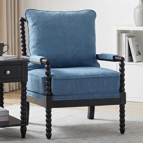 DUHOME Linen Fabric Spindle Accent Chair with Wood Frame,Modern Accent Spool Chairs with Padded Spring Seat and Brushed Blue Base for Living Room Bedroom Farmhouse Home Office Belcony - color: Black+blue, size: 1 pc