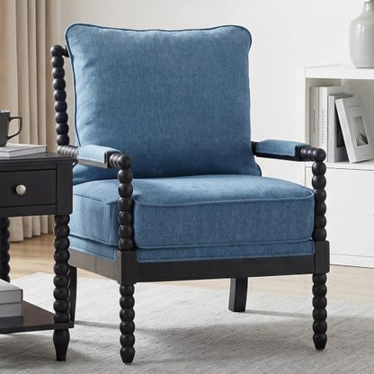 DUHOME Linen Fabric Spindle Accent Chair with Wood Frame,Modern Accent Spool Chairs with Padded Spring Seat and Brushed Blue Base for Living Room Bedroom Farmhouse Home Office Belcony - color: Black+blue, size: 1 pc